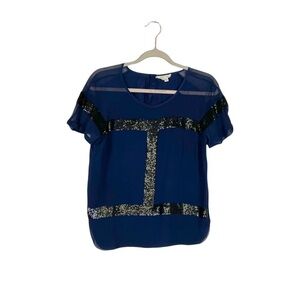 Renzo + Kai Navy Sequin Silk Blouse Top Size Médium M.